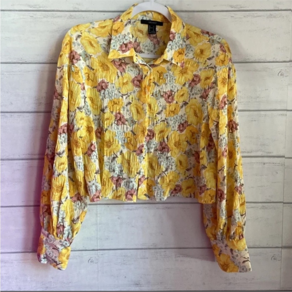 Forever 21 yellow Floral Crop Drop sleeves shirts